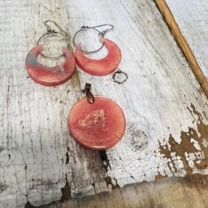 Vintage Boho Jewelry Set Pink Resin Earrings Pendant Retro